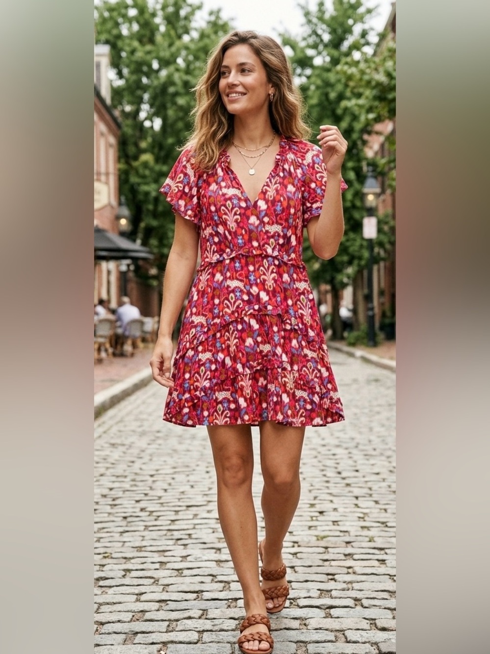 NWOT Anthropologie Robin Tiered Mini Dress Red Floral Cheetah Leopard Print